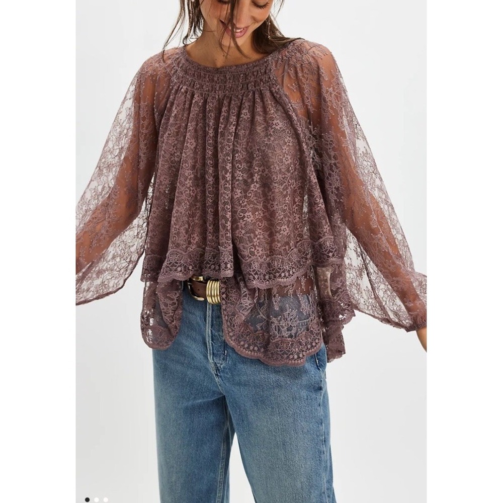 Free People Goldie Knit Top Lace Crochet Size M Plum Women's Long Sleeve
